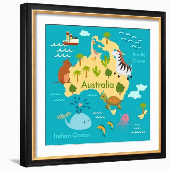 Animals World Map Australia-coffeee_in-Framed Art Print