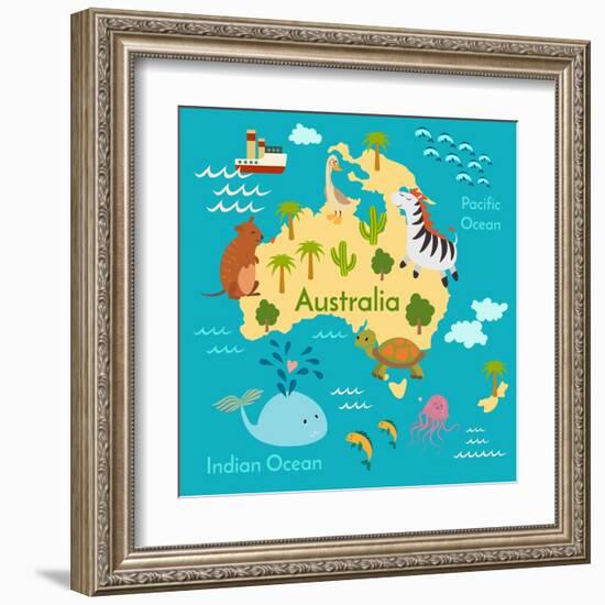 Animals World Map Australia-coffeee_in-Framed Art Print