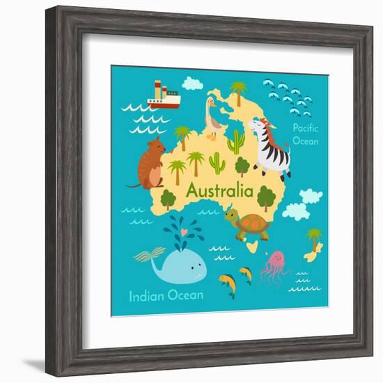 Animals World Map Australia-coffeee_in-Framed Art Print