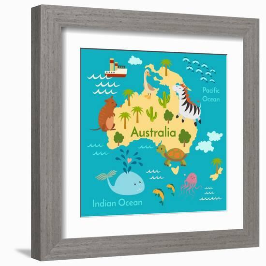 Animals World Map Australia-coffeee_in-Framed Art Print