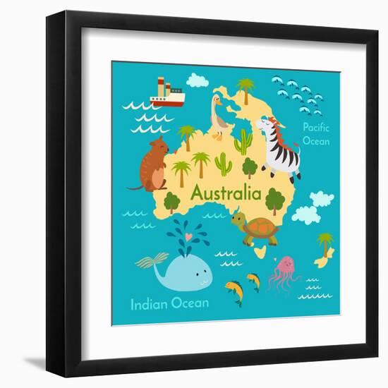 Animals World Map Australia-coffeee_in-Framed Art Print