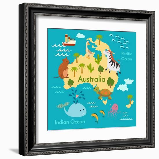 Animals World Map Australia-coffeee_in-Framed Art Print