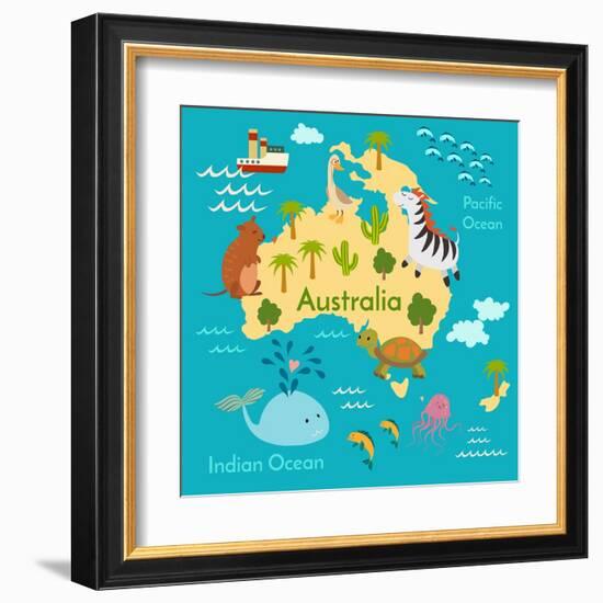 Animals World Map Australia-coffeee_in-Framed Art Print