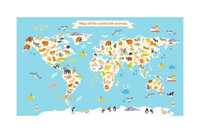 Animals World Map Colorful Cartoon Vector Illustration For Children And Kids Art Print By Coffeeein Artcom
