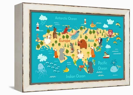 Animals World Map Eurasia-coffeee_in-Framed Stretched Canvas