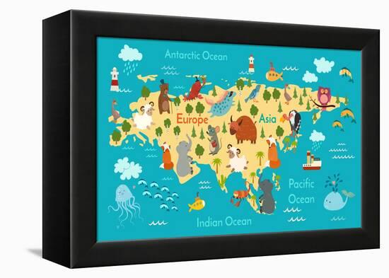 Animals World Map Eurasia-coffeee_in-Framed Stretched Canvas