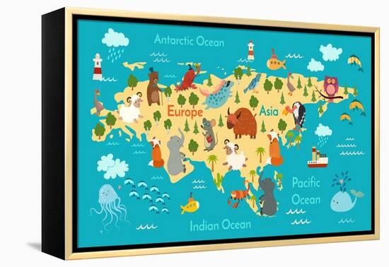 Animals World Map Eurasia-coffeee_in-Framed Stretched Canvas