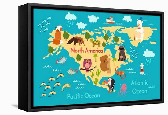 Animals World Map North America-coffeee_in-Framed Stretched Canvas
