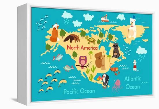 Animals World Map North America-coffeee_in-Framed Stretched Canvas