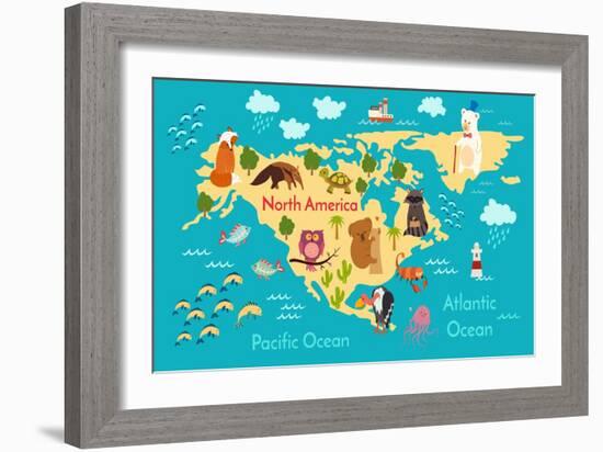 Animals World Map North America-coffeee_in-Framed Art Print