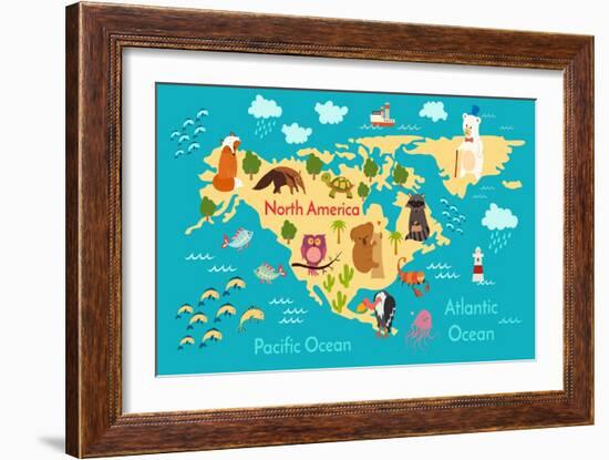 Animals World Map North America-coffeee_in-Framed Art Print