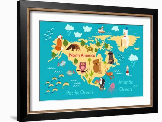 Animals World Map North America-coffeee_in-Framed Art Print