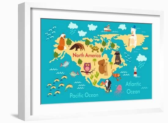 Animals World Map North America-coffeee_in-Framed Art Print