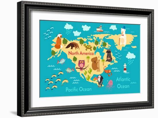 Animals World Map North America-coffeee_in-Framed Art Print