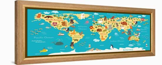 Animals World Map-coffeee_in-Framed Stretched Canvas