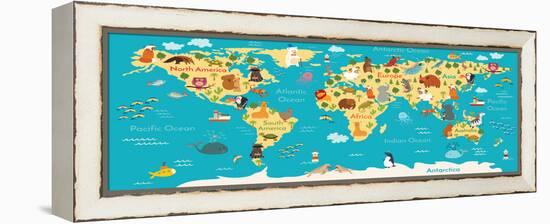 Animals World Map-coffeee_in-Framed Stretched Canvas