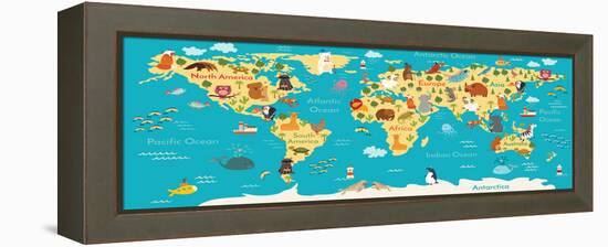 Animals World Map-coffeee_in-Framed Stretched Canvas