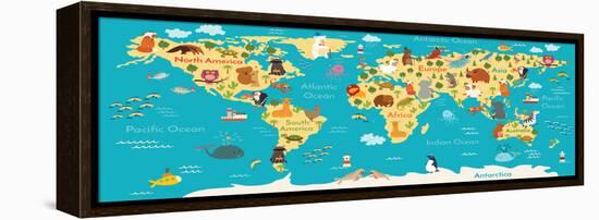 Animals World Map-coffeee_in-Framed Stretched Canvas