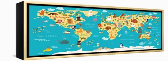 Animals World Map-coffeee_in-Framed Stretched Canvas