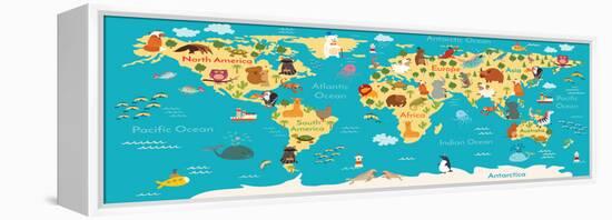 Animals World Map-coffeee_in-Framed Stretched Canvas