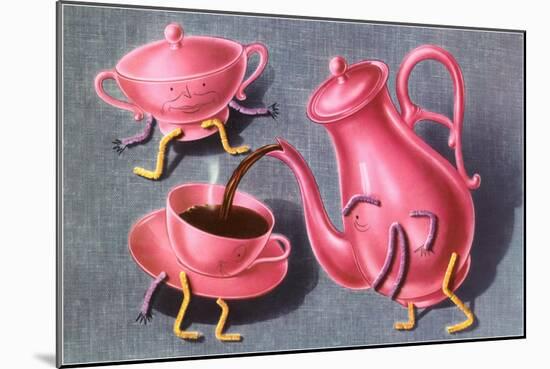 Animated Coffee Pot and Cup-null-Mounted Art Print
