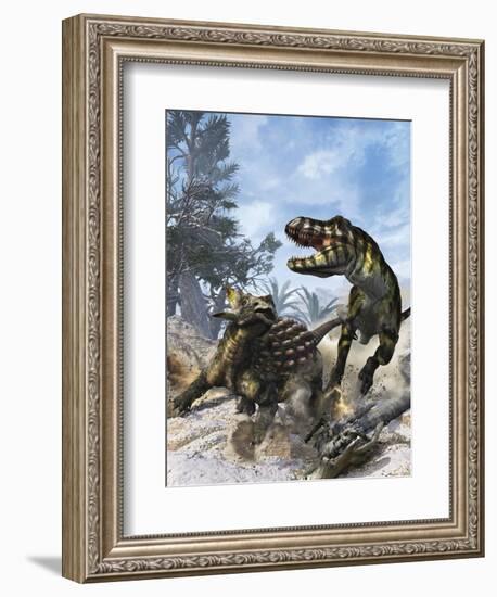 Ankylosaurus Hits Tyrannosaurus Rex with it's Clubbed Tail in Self-Defense-Stocktrek Images-Framed Premium Giclee Print
