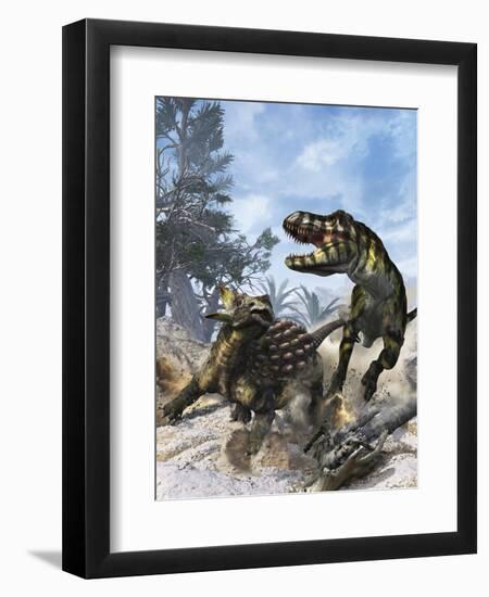 Ankylosaurus Hits Tyrannosaurus Rex with it's Clubbed Tail in Self-Defense-Stocktrek Images-Framed Premium Giclee Print