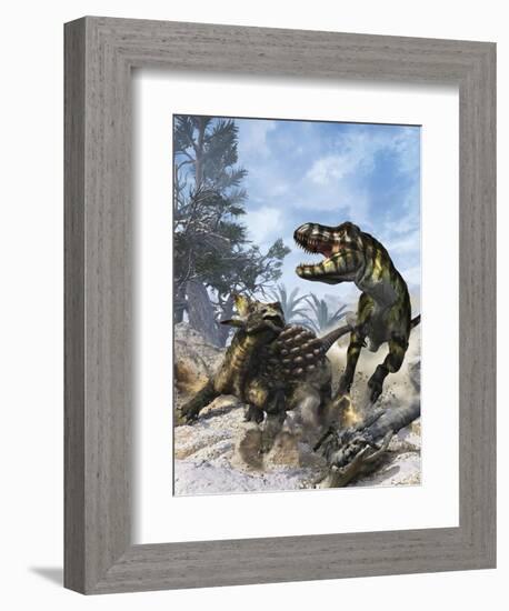 Ankylosaurus Hits Tyrannosaurus Rex with it's Clubbed Tail in Self-Defense-Stocktrek Images-Framed Art Print