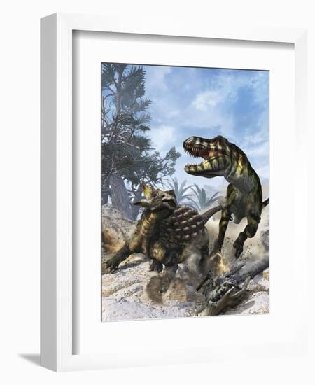 Ankylosaurus Hits Tyrannosaurus Rex with it's Clubbed Tail in Self-Defense-Stocktrek Images-Framed Art Print