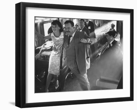 Ann Warner, with Jackie Gleason in Lounge Car of "Gleason Express" Announcing His Return to Tv-Allan Grant-Framed Premium Photographic Print