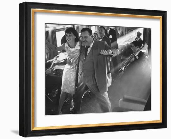Ann Warner, with Jackie Gleason in Lounge Car of "Gleason Express" Announcing His Return to Tv-Allan Grant-Framed Premium Photographic Print