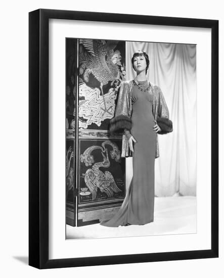 Anna May Wong in an Edith Head-Designed Crepe Dinner Gown with a Jacket of Emerald-null-Framed Photo