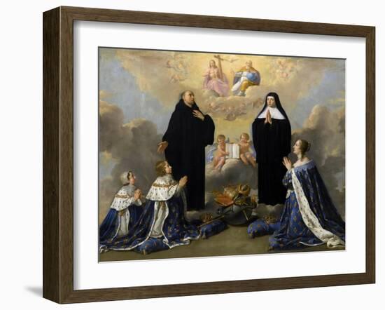 Anna of Austria with Her Children, Praying to the Holy Trinity with Saints Benedict and Scholastica-Philippe De Champaigne-Framed Giclee Print