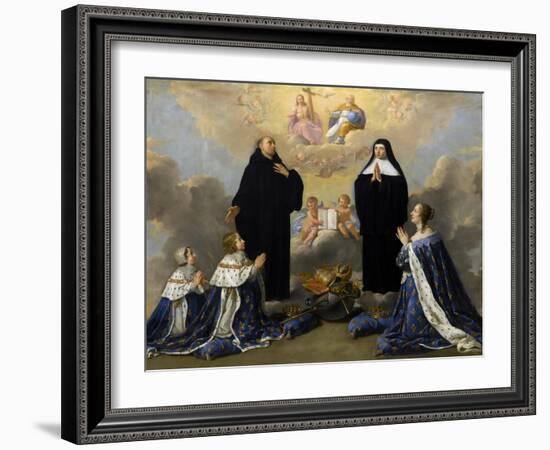 Anna of Austria with Her Children, Praying to the Holy Trinity with Saints Benedict and Scholastica-Philippe De Champaigne-Framed Giclee Print
