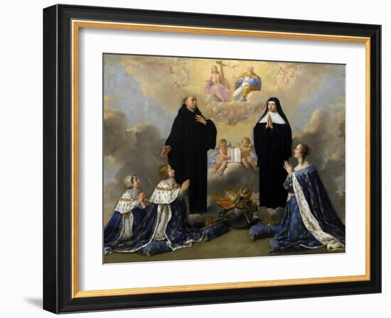 Anna of Austria with Her Children, Praying to the Holy Trinity with Saints Benedict and Scholastica-Philippe De Champaigne-Framed Giclee Print