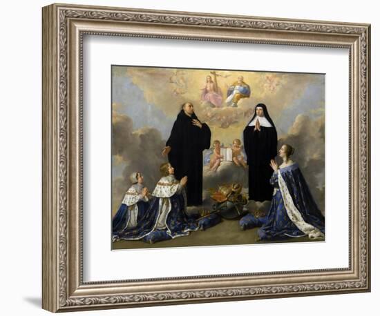 Anna of Austria with Her Children, Praying to the Holy Trinity with Saints Benedict and Scholastica-Philippe De Champaigne-Framed Giclee Print