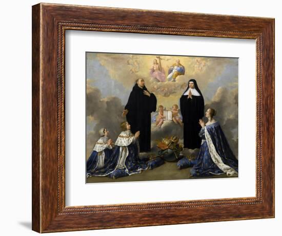 Anna of Austria with Her Children, Praying to the Holy Trinity with Saints Benedict and Scholastica-Philippe De Champaigne-Framed Giclee Print