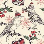 Christmas Vector Seamless Pattern with Fantasy Birds and Holly Berries-Anna Paff-Art Print