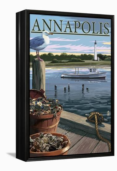 Annapolis, Maryland - Blue Crab and Oysters on Dock-Lantern Press-Framed Stretched Canvas