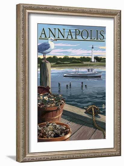 Annapolis, Maryland - Blue Crab and Oysters on Dock-Lantern Press-Framed Art Print