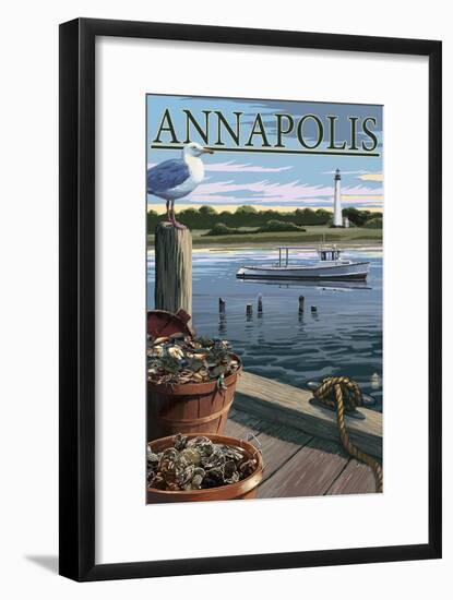 Annapolis, Maryland - Blue Crab and Oysters on Dock-Lantern Press-Framed Art Print