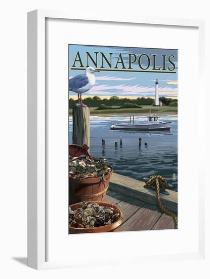 Annapolis, Maryland - Blue Crab and Oysters on Dock-Lantern Press-Framed Art Print