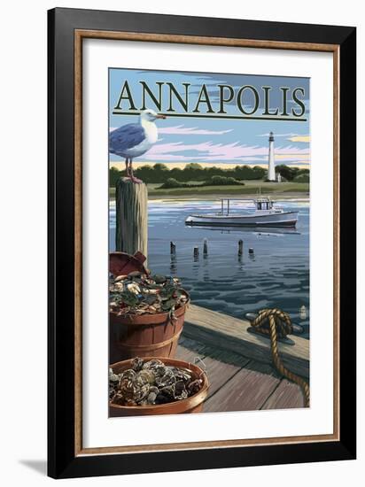 Annapolis, Maryland - Blue Crab and Oysters on Dock-Lantern Press-Framed Art Print