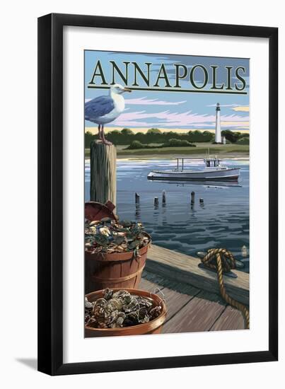 Annapolis, Maryland - Blue Crab and Oysters on Dock-Lantern Press-Framed Art Print