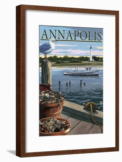 Annapolis, Maryland - Blue Crab and Oysters on Dock-Lantern Press-Framed Art Print