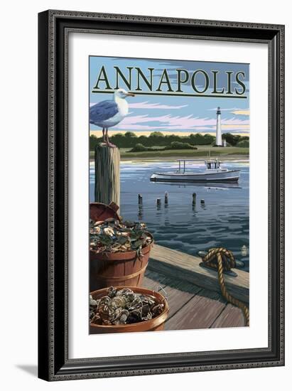 Annapolis, Maryland - Blue Crab and Oysters on Dock-Lantern Press-Framed Art Print