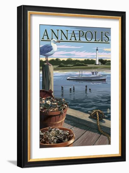 Annapolis, Maryland - Blue Crab and Oysters on Dock-Lantern Press-Framed Art Print