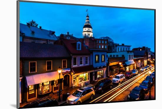 ANNAPOLIS MARYLAND - Maryland State Capitol is seen at dusk above Main Street Annapolis, Maryland-null-Mounted Photographic Print