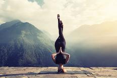 Young Woman Doing Complex Yoga Exercise Headstand with Namaste Asana. Amazing Yoga Landscape in Bea-AnnaTamila-Framed Photographic Print