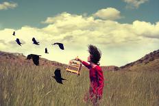 A Girl Walking through a Field with a Flock of Ravens or Crows Toned with a Retro Vintage Instagram-Annette Shaff-Photographic Print